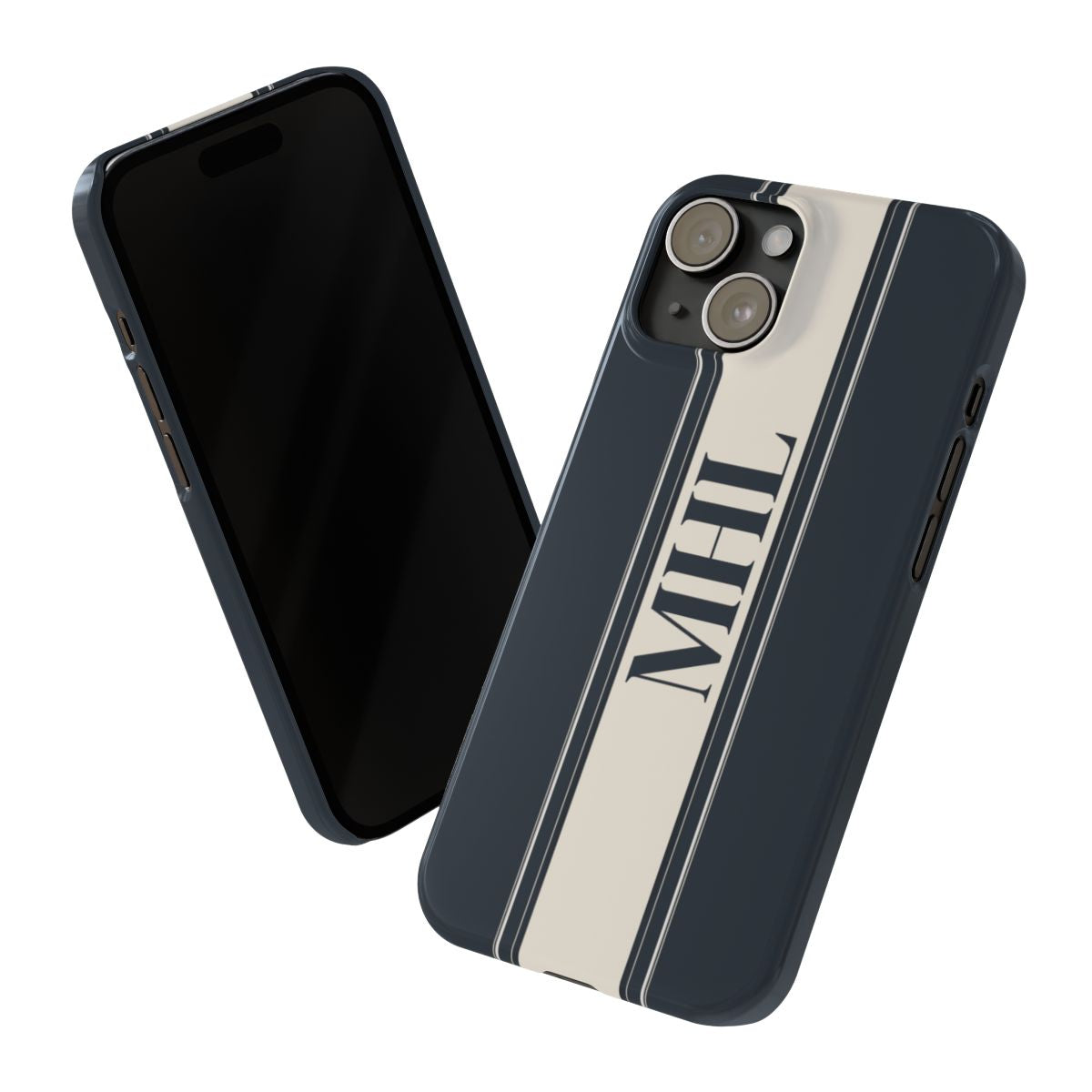 front view of personalized slim iPhone case with black monogram on a cream and black vertical striped background