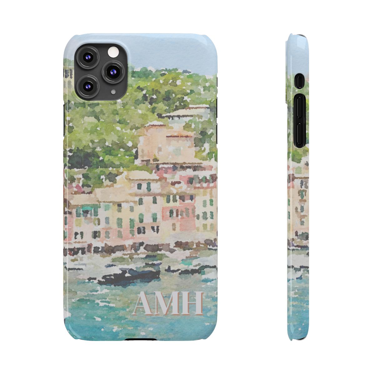 front and side view of personalized slim iPhone case with cream monogram on a background image of Portofino in a watercolor style.