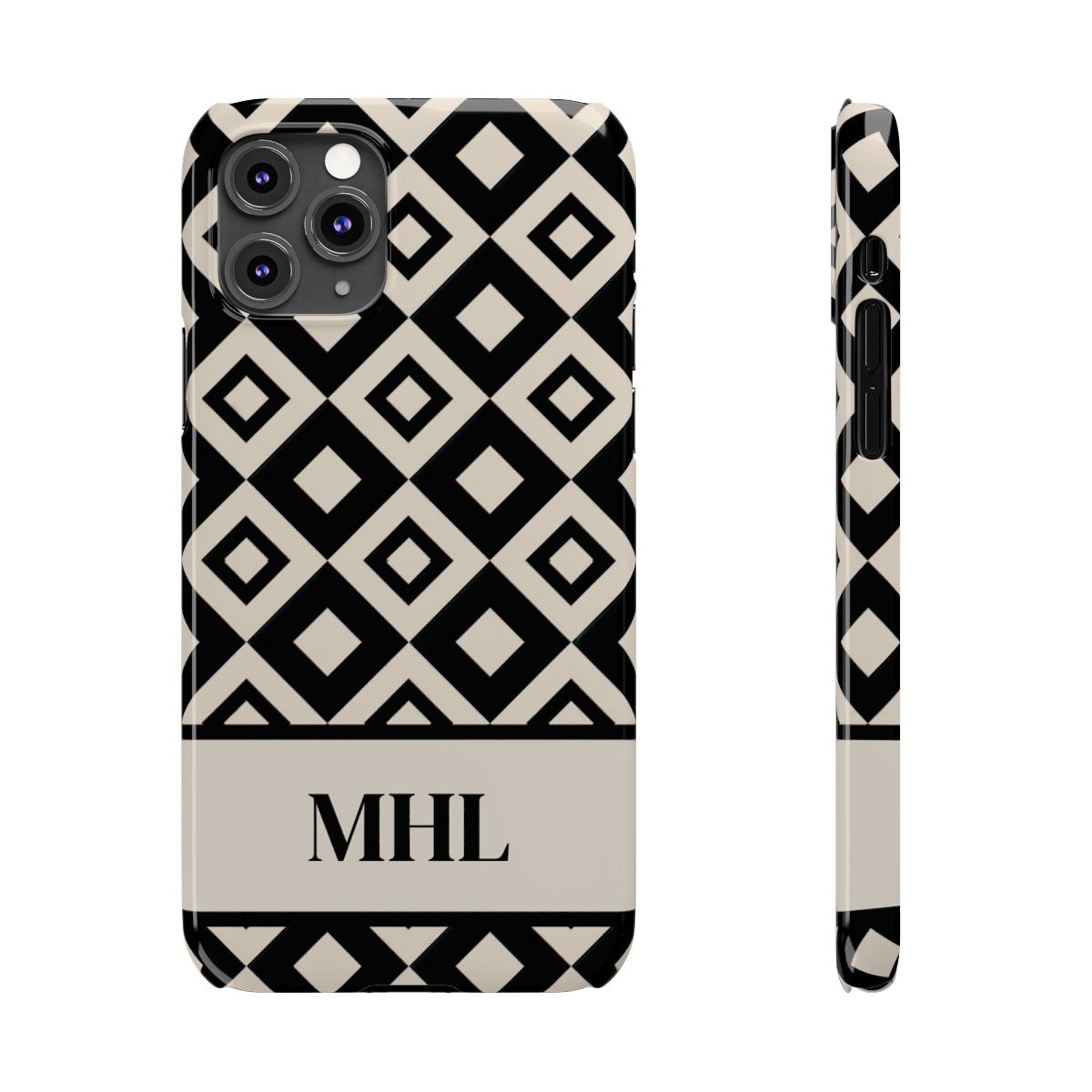 front and side view of Personalized slim iPhone case with black monogram on cream and black repeating diamond pattern background