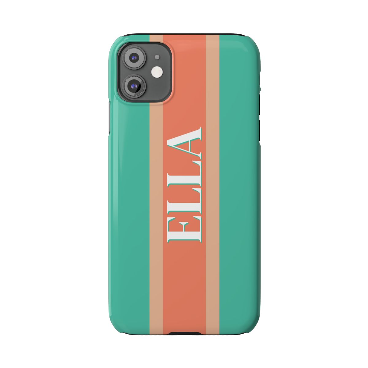 personalized iPhone case with white letters on a background of turquoise and coral vertical stripes