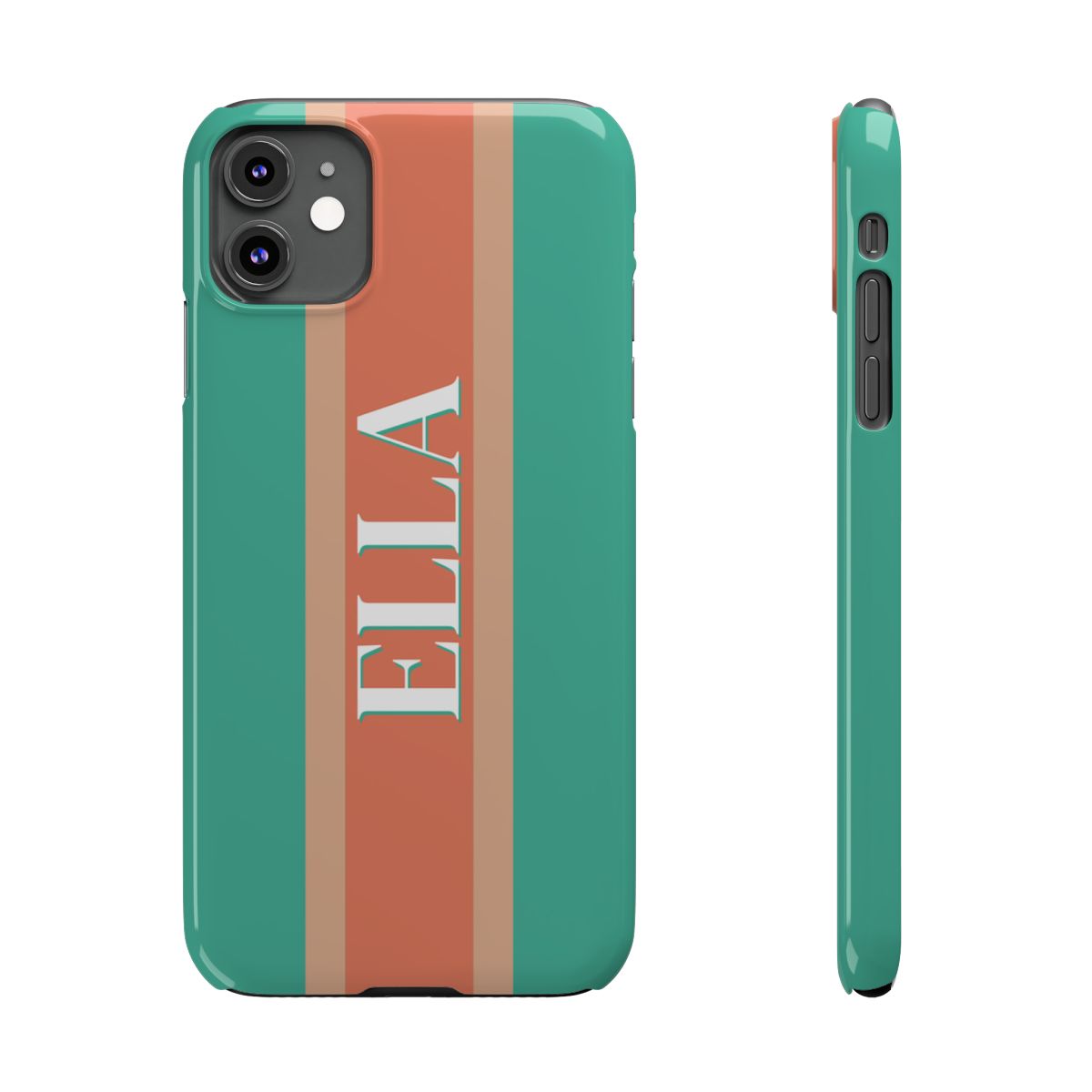 front and side view of personalized iPhone case with white letters on a background of turquoise and coral vertical stripes