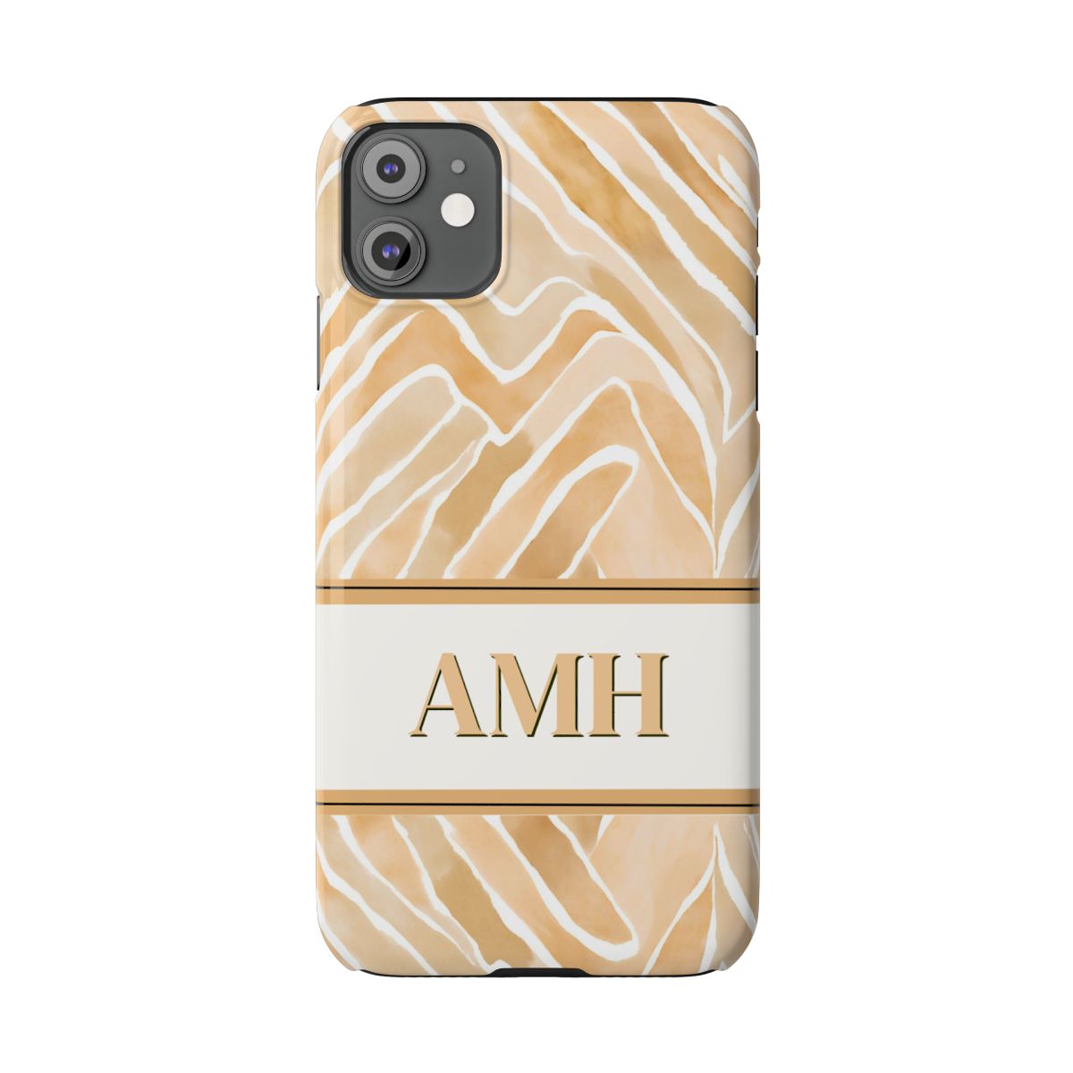 Personalized slim iPhone Case with monogram on abstract african mudcloth print background in cream and light coral 