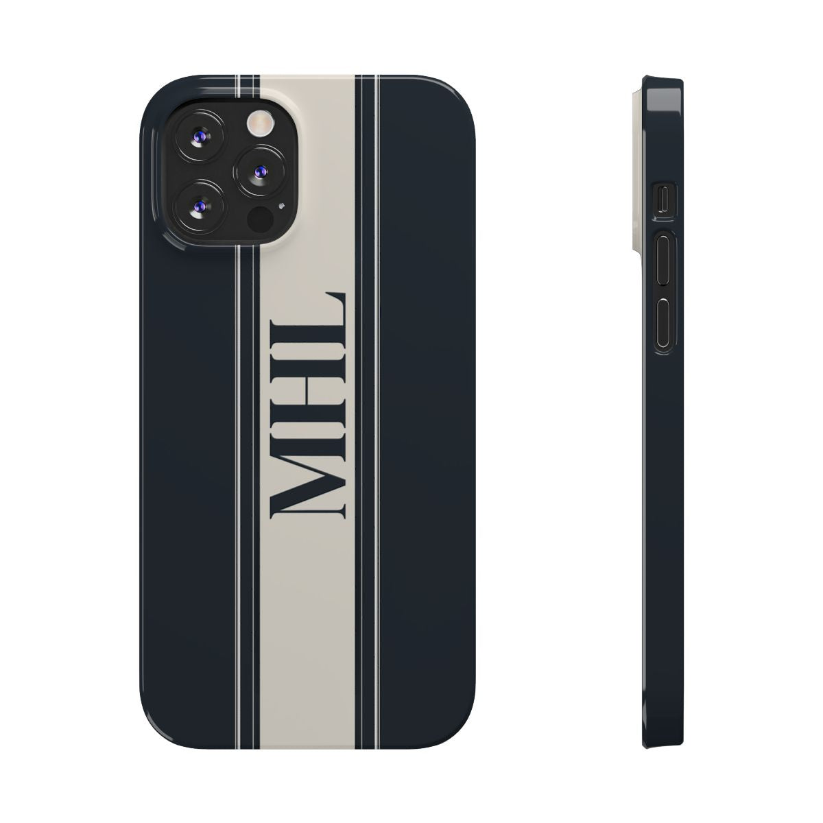 front view of personalized slim iPhone case with black monogram on a cream and black vertical striped background