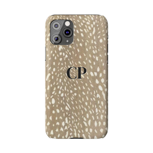 front view of personalized slim iPhone case with black monogram on a tan and cream spotted deer print background