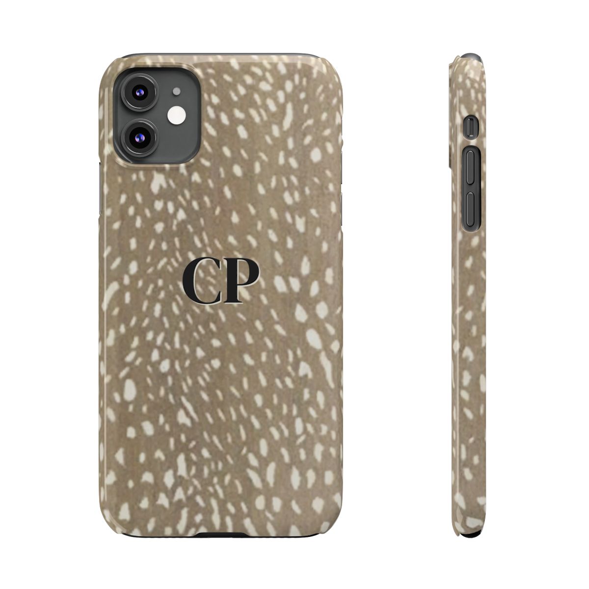 front and side view of personalized slim iPhone case with black monogram on a tan and cream spotted deer print background