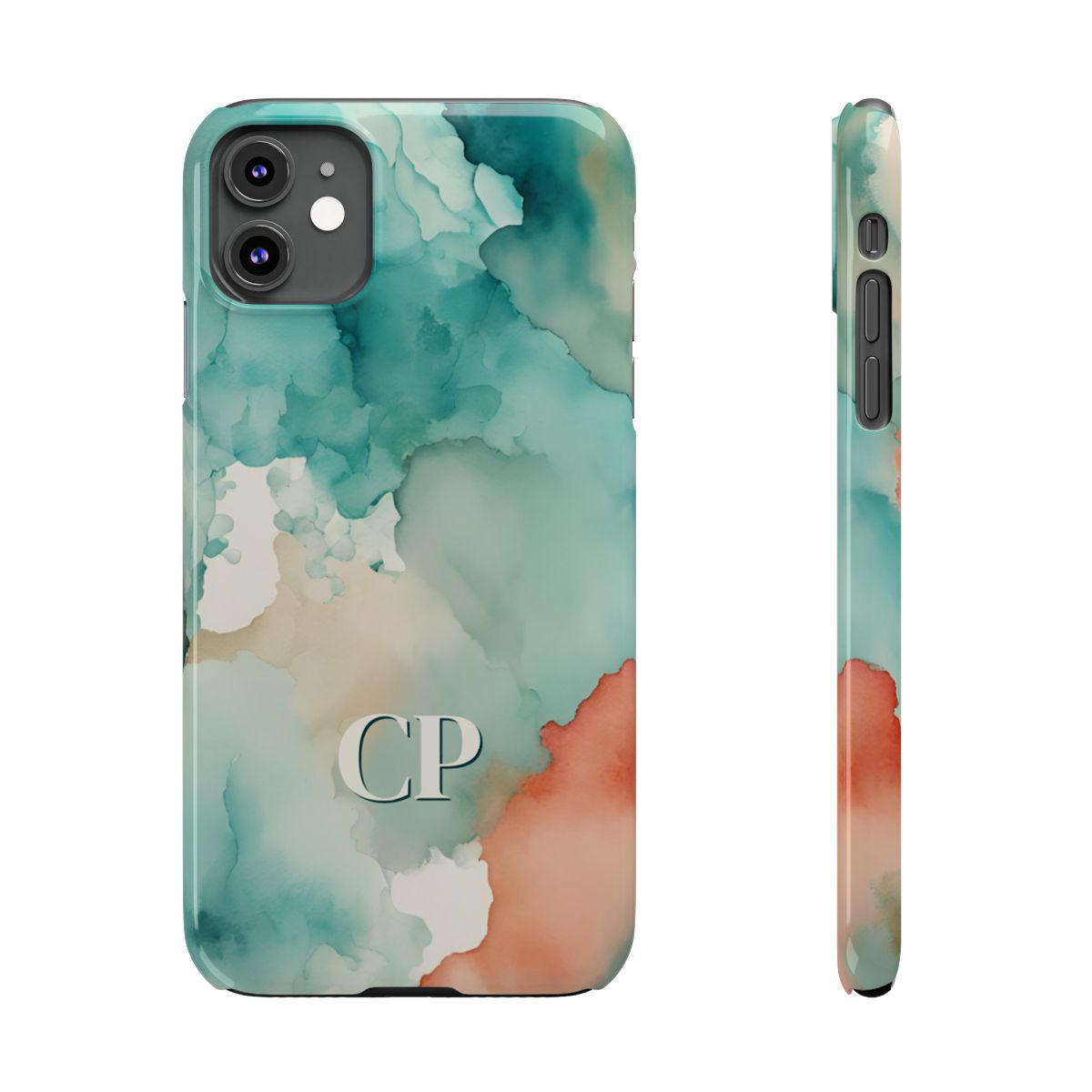 front and side view of personalized slim iPhone case with cream monogram on an abstract watercolor background in turquoise, coral, and cream