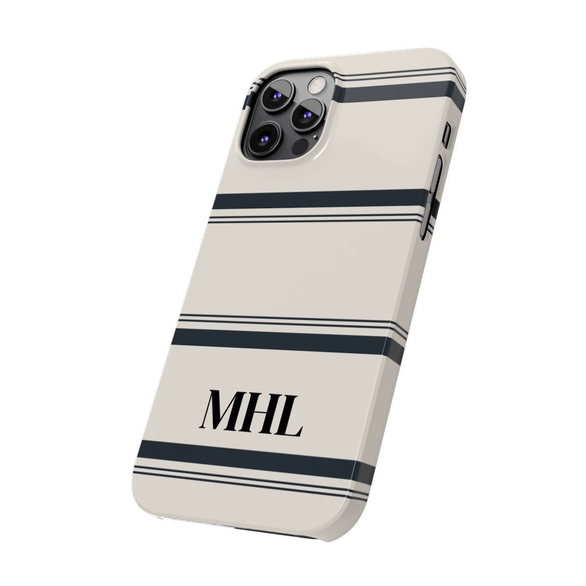 angled front view of personalized slim iPhone case with black monogram and horizontal black and cream striped pattern