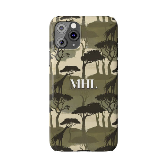 Front view of personalized slim iPhone case with white monogram on background of repeating giraffe and tree silhouettes in olive green, cream and black.