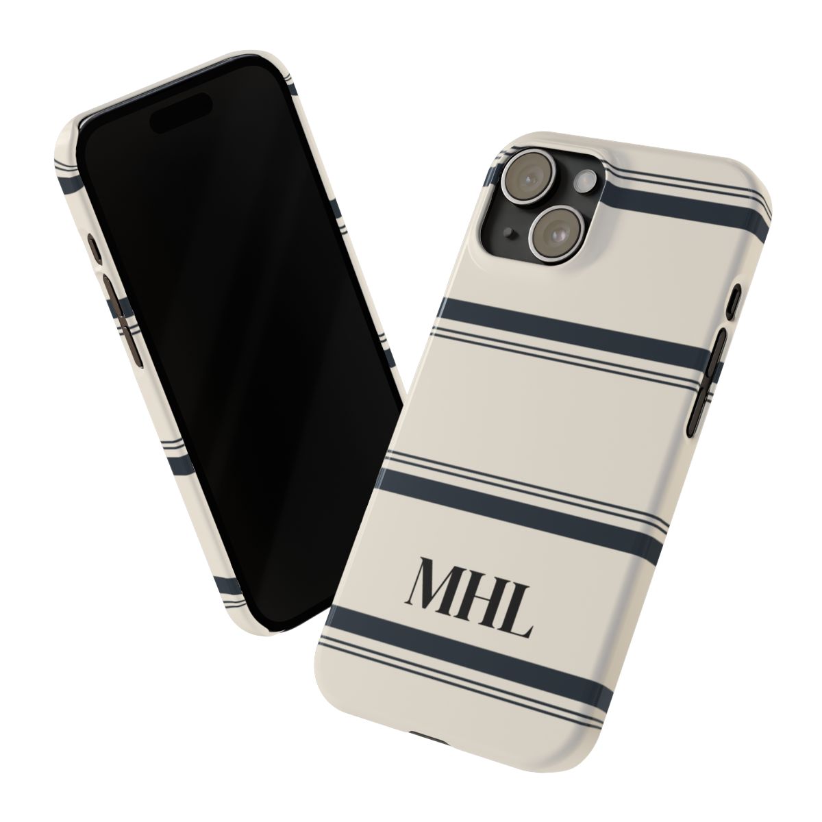 angled side view of personalized slim iPhone case with black monogram and horizontal black and cream striped pattern